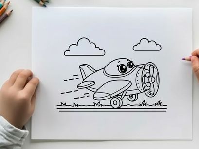 Cute airplane with face flying in sky vector illustration