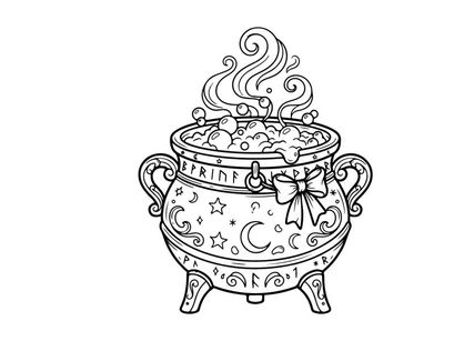 Caldero vintage con vapor que sale de la olla hirviendo. Olla de cocina clásica de brujería que libera humo místico para decoración de Halloween.