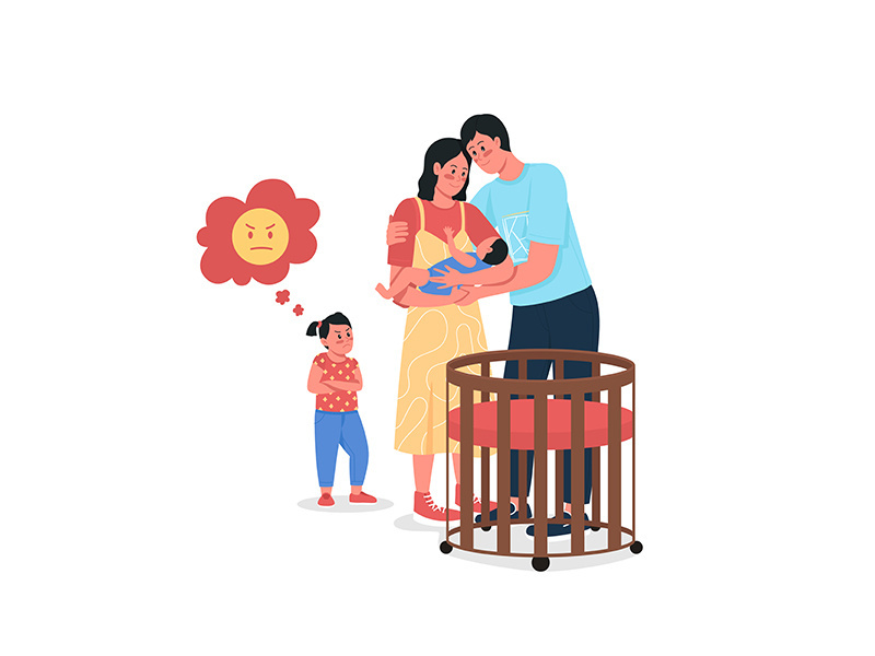 Parents with baby and upset daughter flat color vector detailed characters