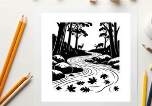 Serene forest stream with deer silhouette at dusk