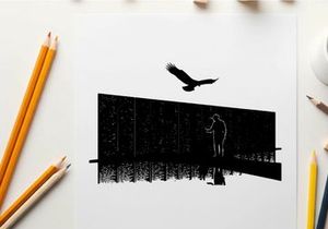 Silhouette of man and bird on a reflective surface with grid wall