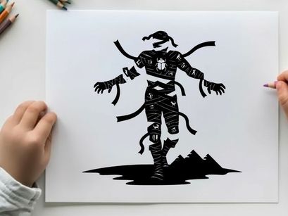 Silhouette of a mystical figure with ribbons and mountains