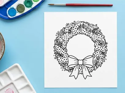 Weihnachtskranz-Linienkunst-Illustration mit dekorativer Schleife für Designs zur Weihnachtszeit