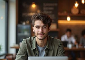 A young man is shown at a café, working on a laptop.