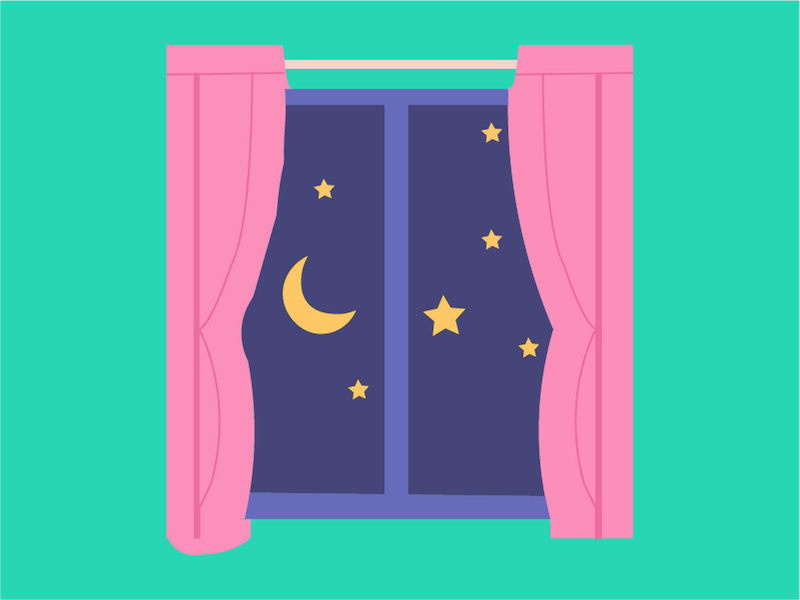 Window at night with moon and stars flat illustration in Adobe illustrator
