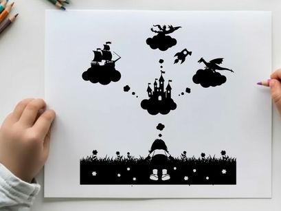 Whimsical silhouette of fantasy world with castle and flying creatures