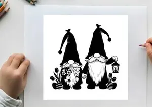 Two gnomes in silhouette with flowers and lantern