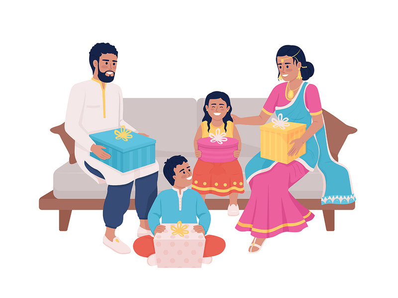 Family members exchanging gifts during festival semi flat color vector characters