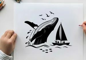 Whale silhouette jumping out of ocean beside sailboat silhouette