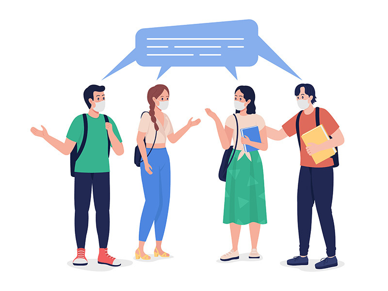 Young students chatting in masks semi flat color vector character