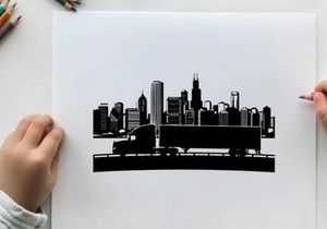 Truck driving across bridge with city silhouette