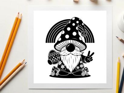 Black and white silhouette of a peaceful mushroom gnome with rainbow