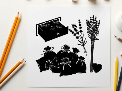 Silhouette of herbs and sachets in a box