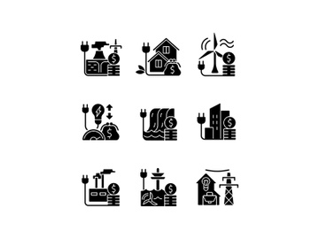 Energy prices black glyph icons set on white space preview picture
