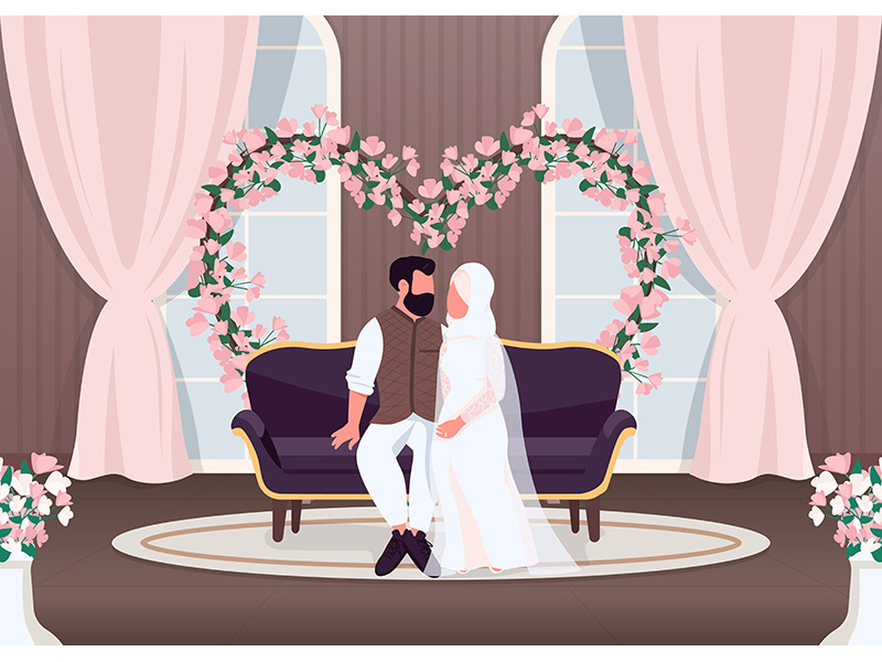 Islam newlyweds flat color vector illustration