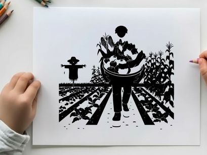 Silhouette of farmer carrying harvest basket in a field