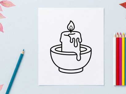 Hand-drawn Halloween candle in ceramic bowl. Spooky flame illustration for seasonal decorations and party invitations.
