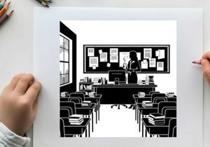 Silhouette of a teacher standing in a classroom with desks and a blackboard