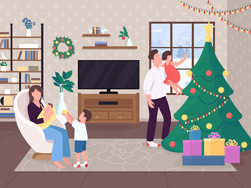 Christmas morning flat color vector illustration