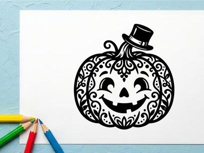 Decorative Halloween Pumpkin with a Smiling Face and Top Hat