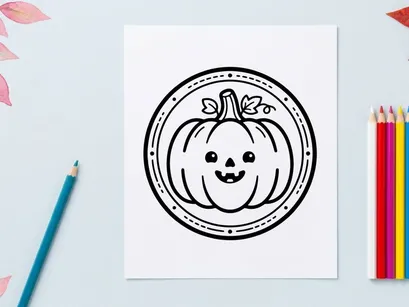 Hand-drawn Halloween jack-o-lantern sticker with smiling face. Cute cartoon pumpkin illustration for festive decorations and digital designs.