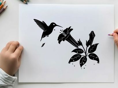 Silhouette of hummingbirds and flowers in flight
