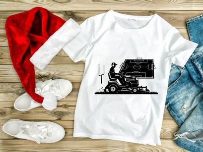 Man on a riding lawn mower with a football field diagram on a screen