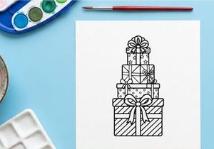 Pilha de caixas de presente de Natal com fitas, ilustração em arte de linha em preto e branco.