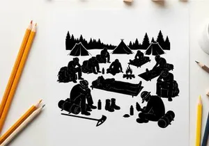 Winter camping silhouette scene with people and tents in snowy forest