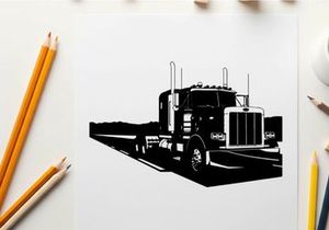 Semi truck silhouette driving on highway road with white background