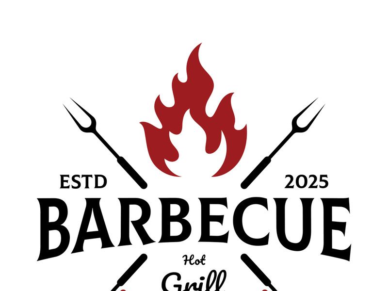 Simple Barbecue Vintage hot grill, with crossed flames and spatula. Logo for restaurant, badge, cafe and bar.vector