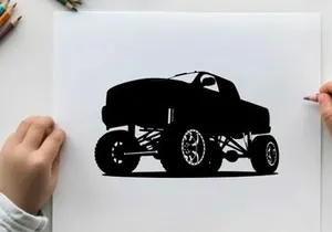 Silhouette of a large black monster truck on a white background