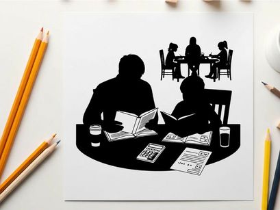 Silhouette of two people reading at a table with others in background silhouette