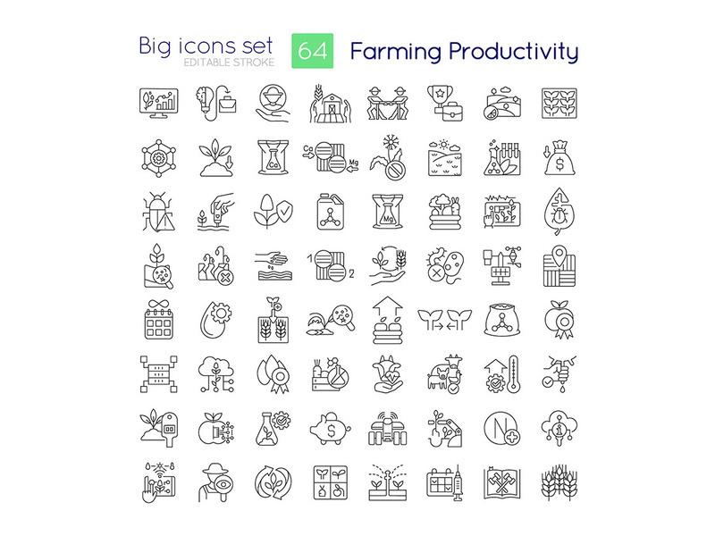 Farming productivity linear icons set