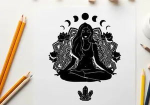 Silhouette of a woman meditating in lotus position with moon phases