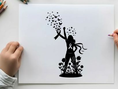 Silhouette of a woman releasing butterflies and stars with a ribbon