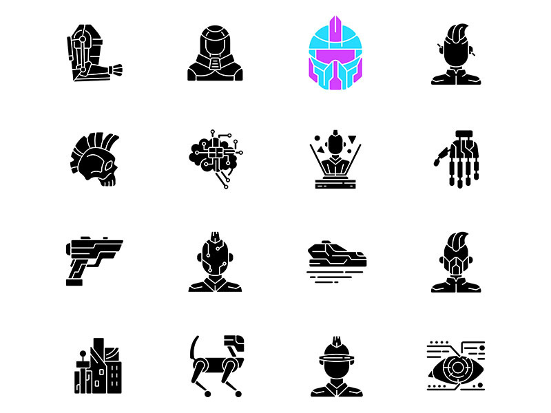 Cyberpunk black glyph icons set on white space