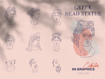 Set of statue face of greek with flowers. Ancient portrait of marble sculpture in creative linear style. Head of woman in trendy broken style. Vector collection illustration. preview picture