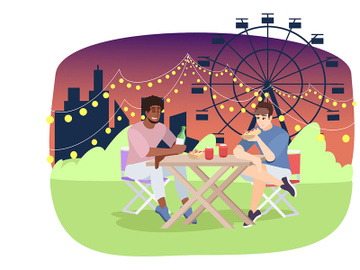 Friends eating pizza at fairground flat vector illustration preview picture