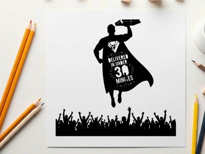 Silhouette of a superhero delivering food in a cape