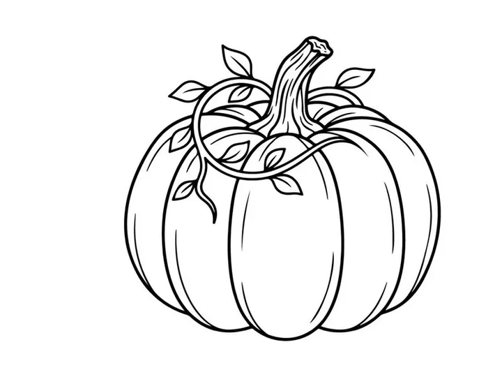 Pumpkin with vine and leaves for autumn harvest. Seasonal vegetable display for fall decor.