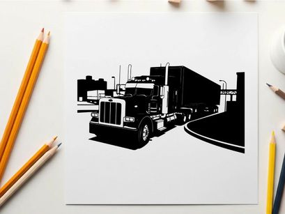 Silhouette of a semi truck on the road with trailer