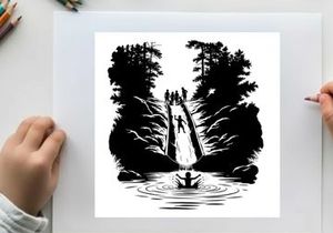 Silhouette of a person in a boat approaching a bridge with people silhouette