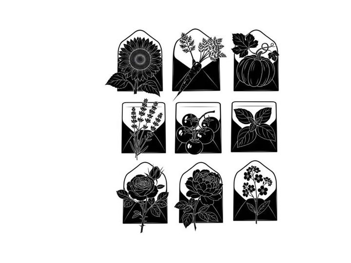 Silhouette of various floral designs and plants in black and white
