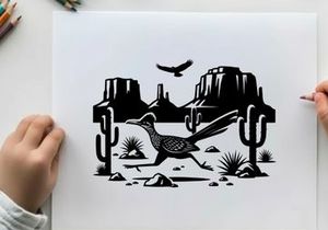 Desert landscape with roadrunner silhouette and cacti plants