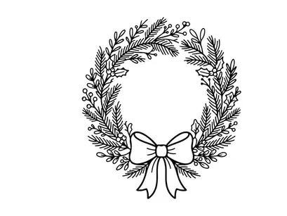 Hand drawn Christmas wreath with pine branches and bow, black and white line art illustration