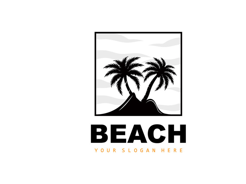 Coconut Tree Logo With Beach Atmosphere, Beach Plant Vector, Sunset View Design