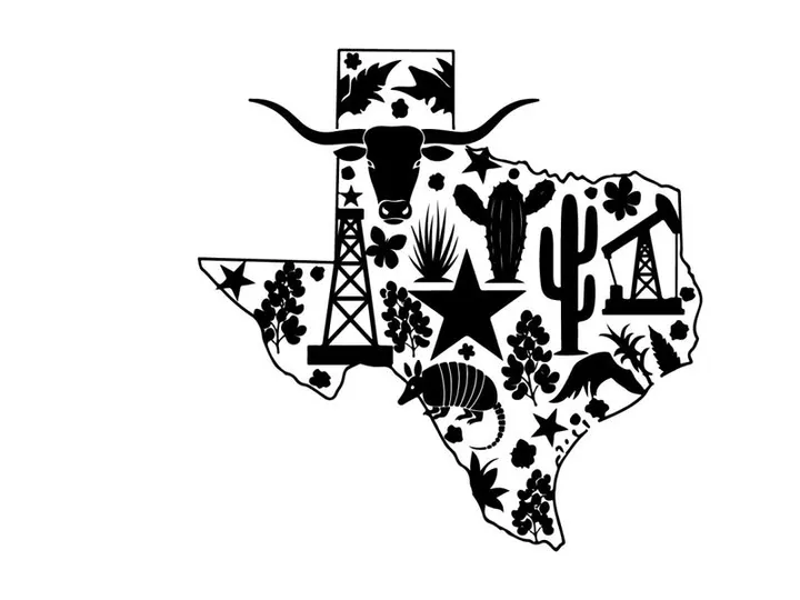 Texas silhouette with cowboy hat and western symbols