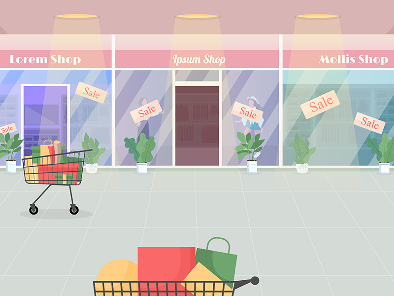 Mall during seasonal sale flat color vector illustration