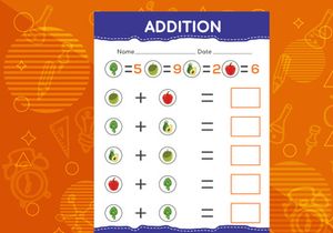 Addition with different fruits for kids. An educational worksheet for kids. Vector design